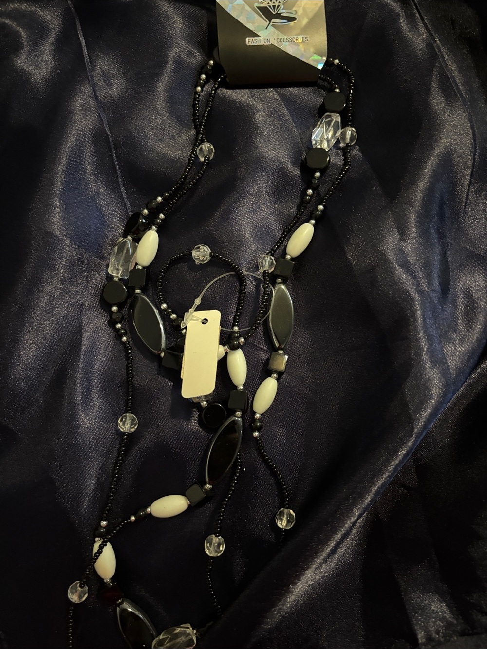 Multi-Strand Black and White Beaded Necklace by